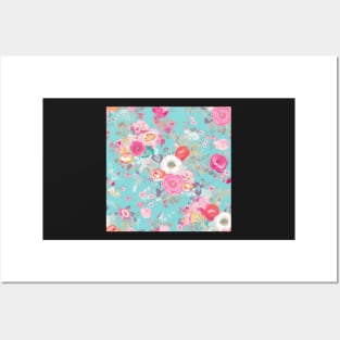 Pink and Blue Shabby Chic  Floral Flowers, Pretty Feminine Pattern on Blue Background Posters and Art